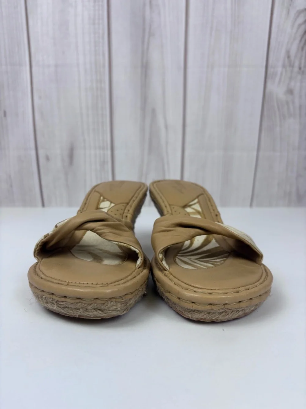Born Drilles Espadrille Wedge Slide Sandals Leather Fabric Boho Slip-On Tan 8 - Picture 6 of 16